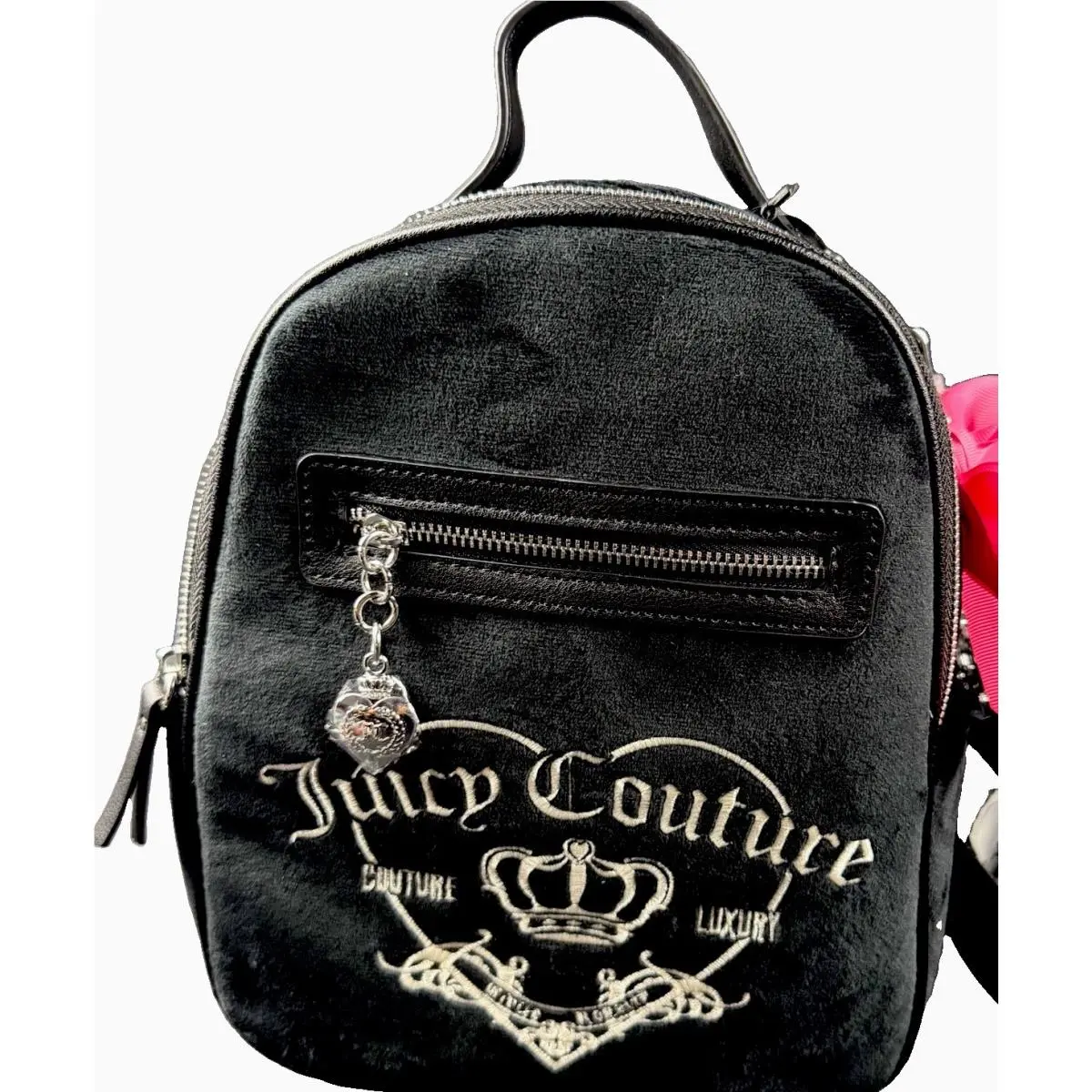 Black/pink Girlie Royalty Backpack Velour Pink Ribbon Keycha by Juicy Couture