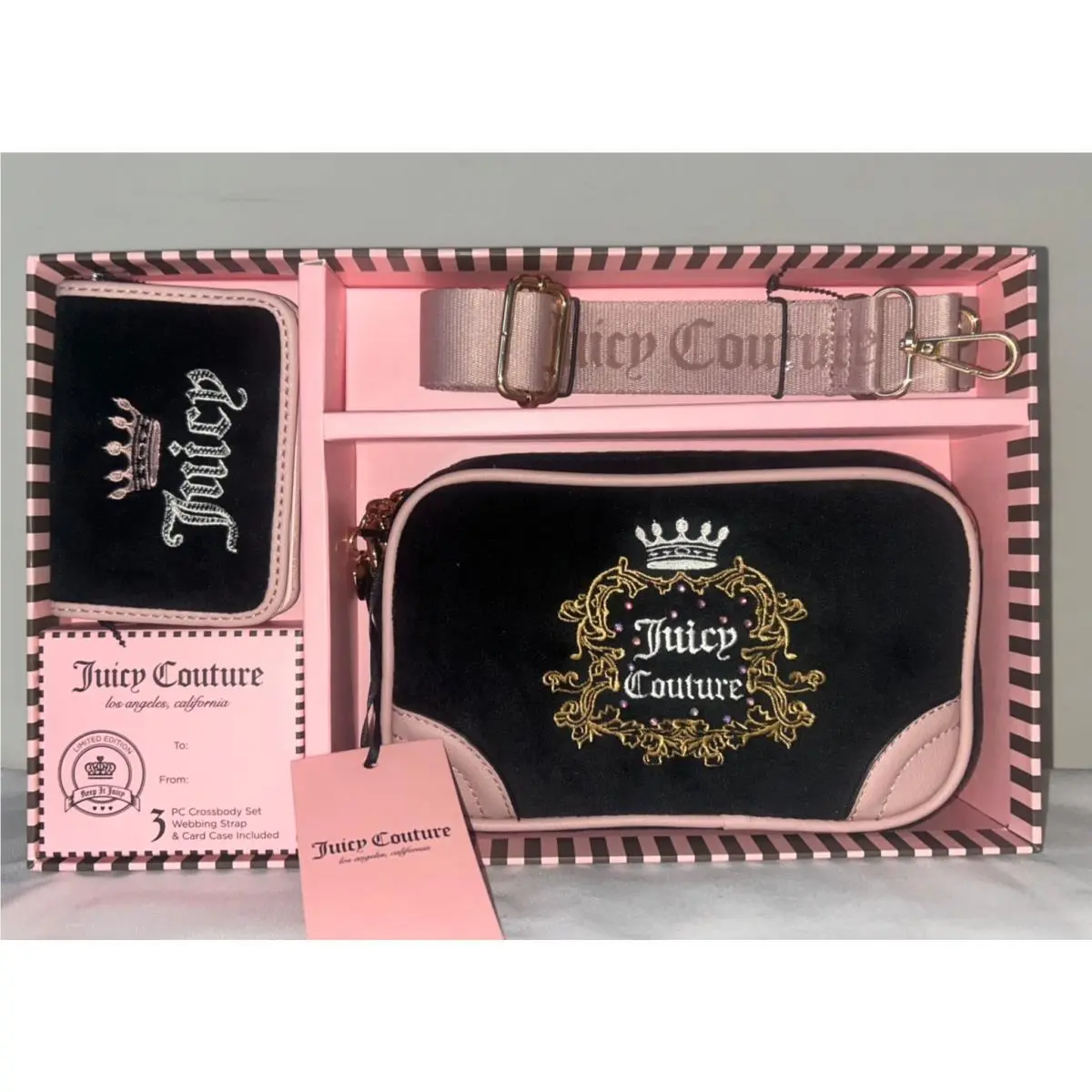 Juicy Couture Heritage Velour Crossbody Bag Wallet Set in Black