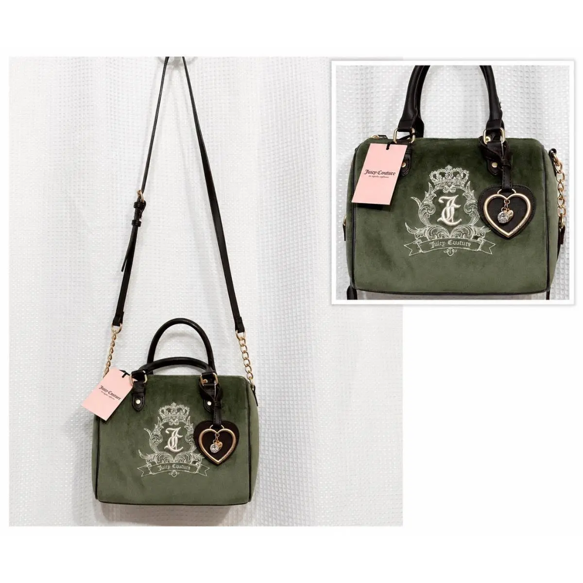 Juicy Couture Handbag Satchel Bag Purse Crossbody Velvet Supergreens Heart Charm
