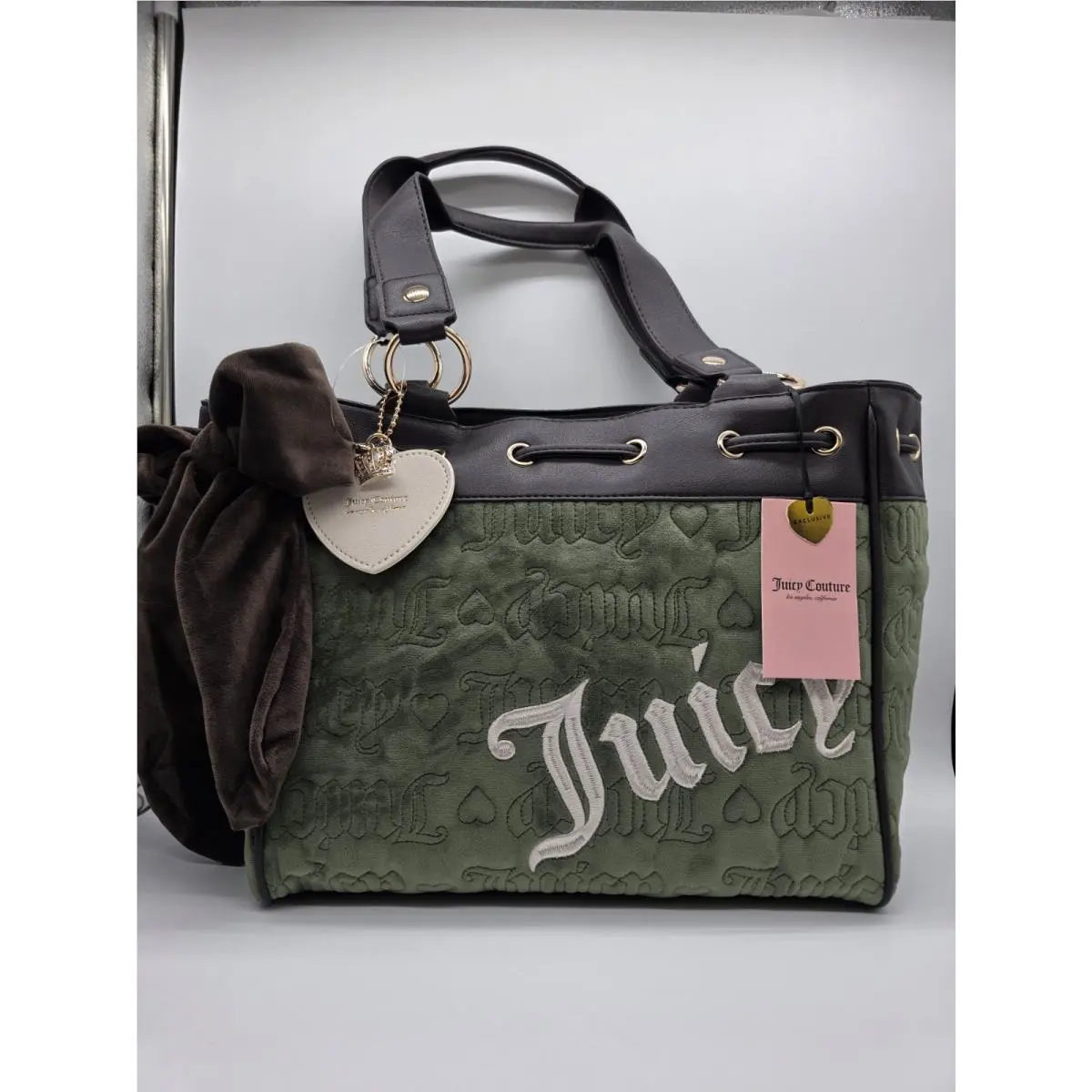 Juicy Couture Shoulder Bag Super Green Velvet Bow Heart Charm Embroidered