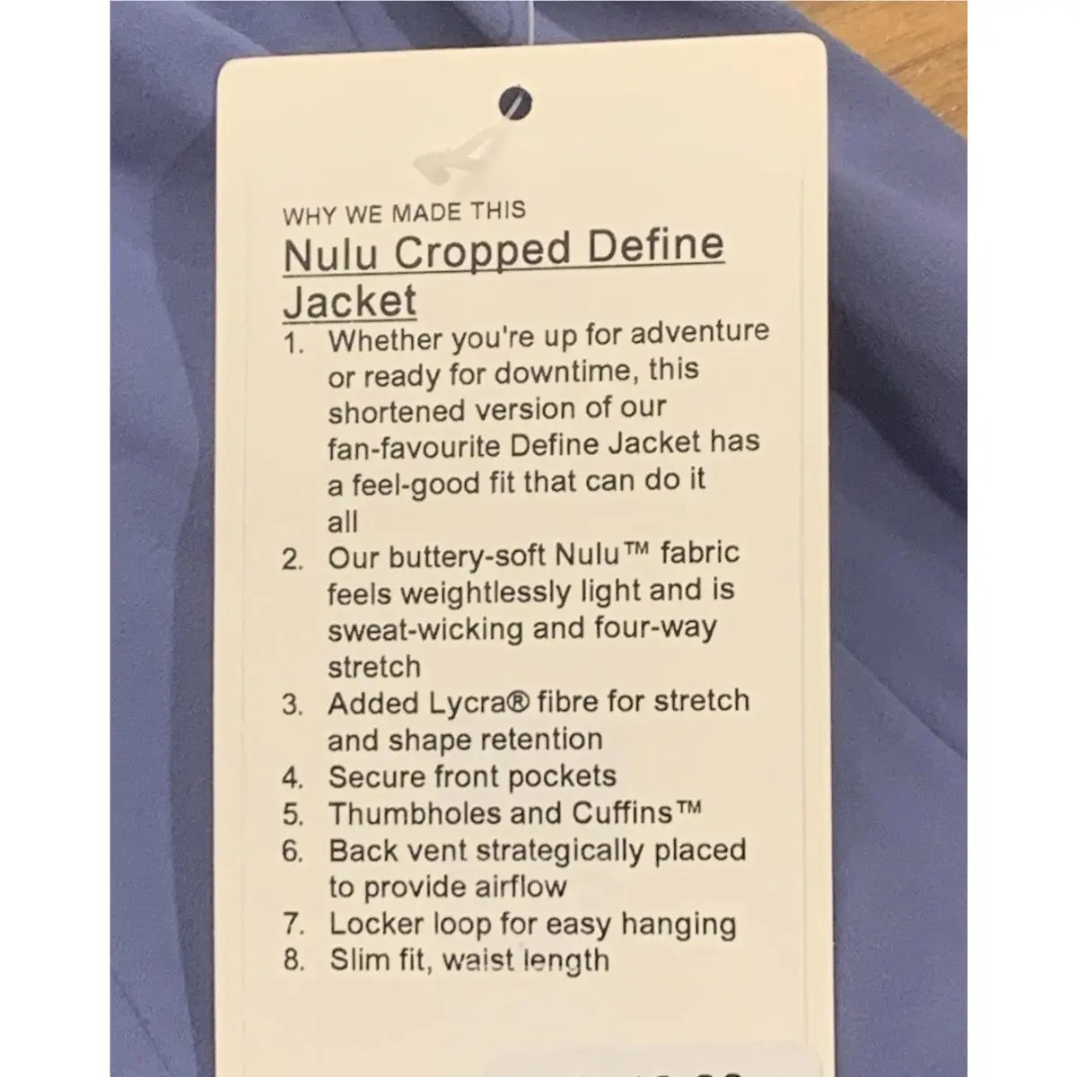 Lululemon clothing - Nulu Cropped Define Jacket - Nulu Cropped Define Jacket - Water Drop – periwinkle / blue-purple 3