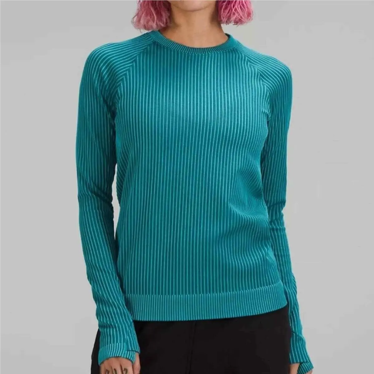 Lululemon Rest Less Pullover Teal Striped Seamless Top Size 10 Women`s 16