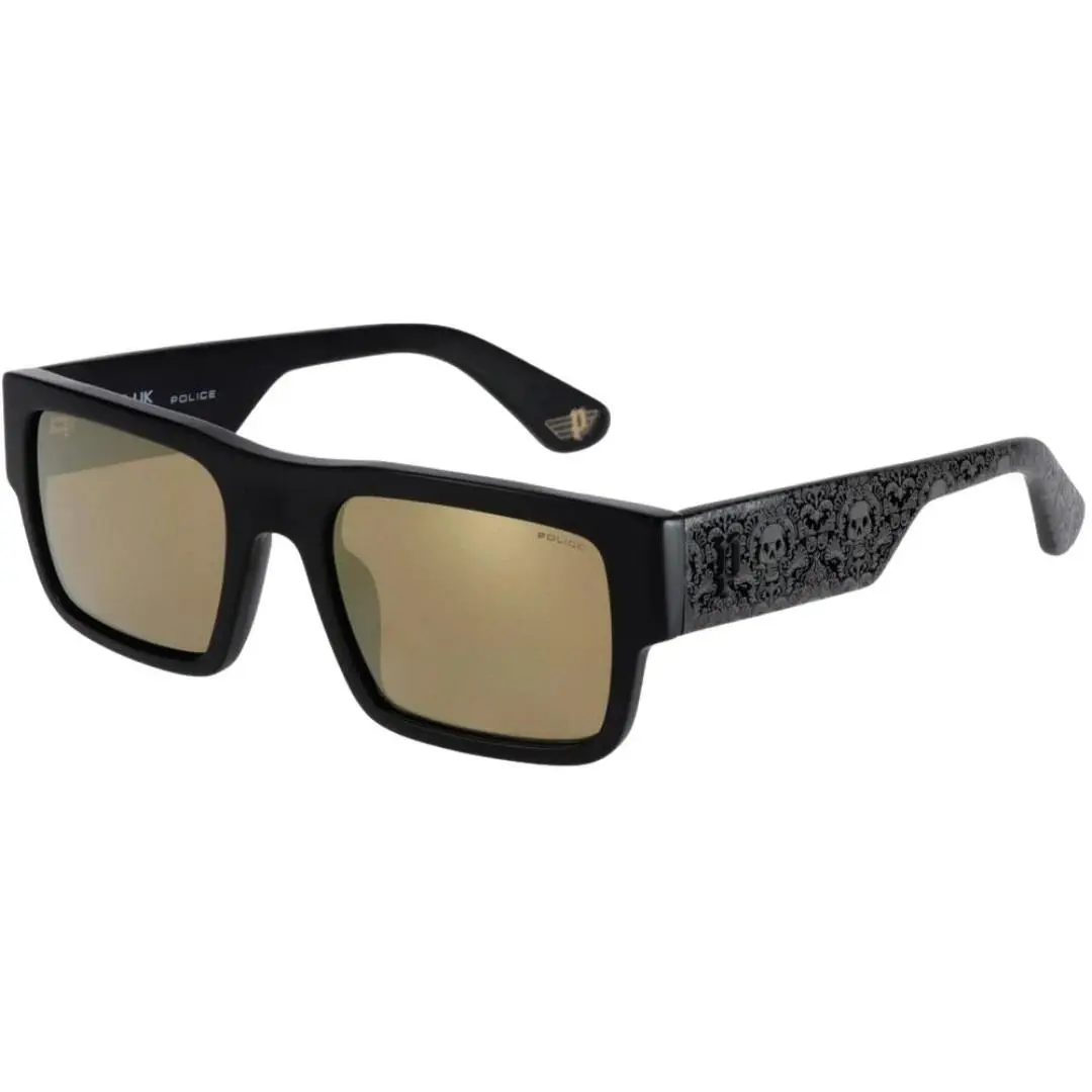 Police Goth 1 SPLL12 Col. 703G Matte Blk Skull Motif Sunglass w Gold Mirror Lens
