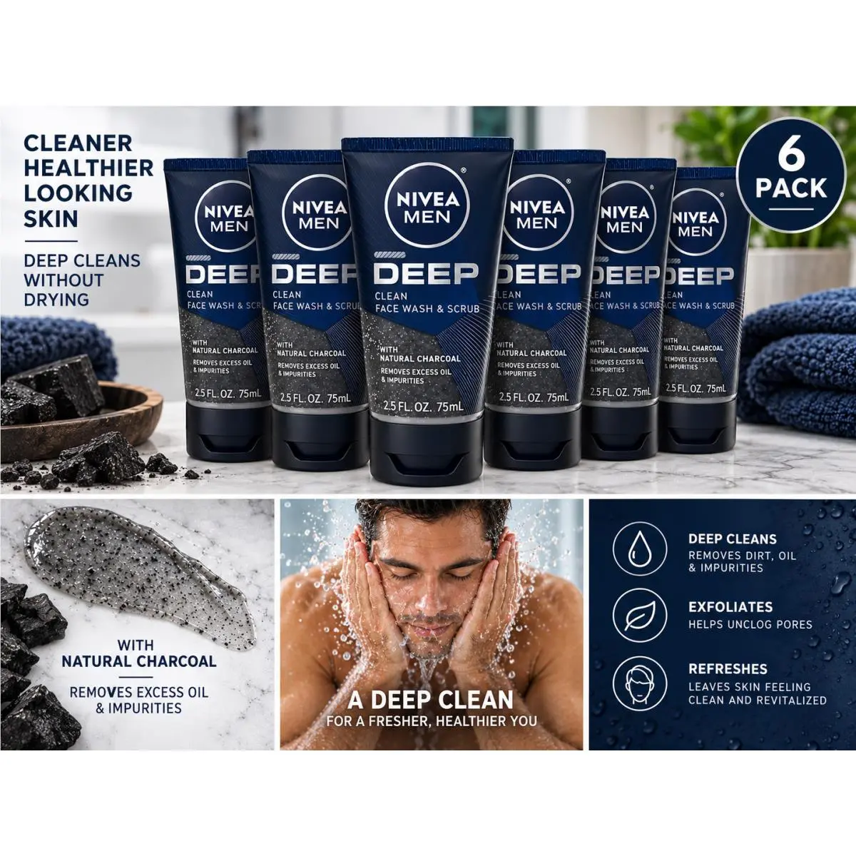 6 Nivea Men Deep Clean Face Wash Scrub Charcoal Removes Oil Impurities 2.5 oz