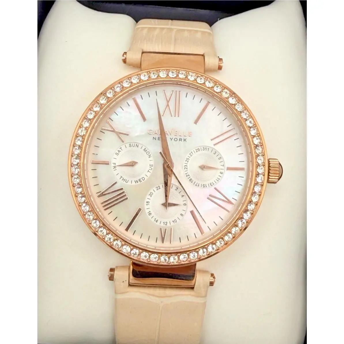 Caravelle by Bulova Rose Gold-tone Case Pearl Dial w/ Cream Leather Strap 44N105