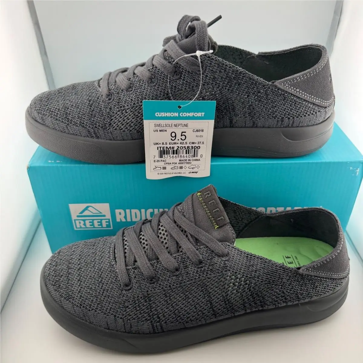 Reef Swellsole Neptune Mens 9.5 Raven Gray Knit Comfort Sneakers CJ6018