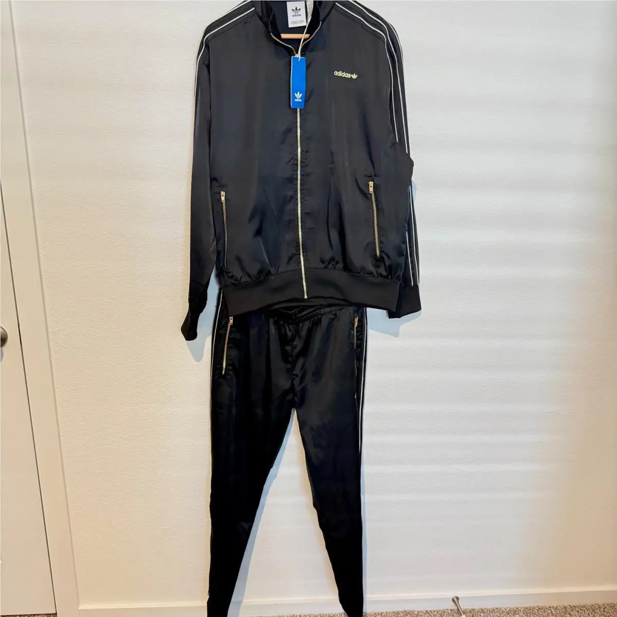 Adidas Originals Sprt Satin Track Jacket Pants Set Mens Large Black Gold