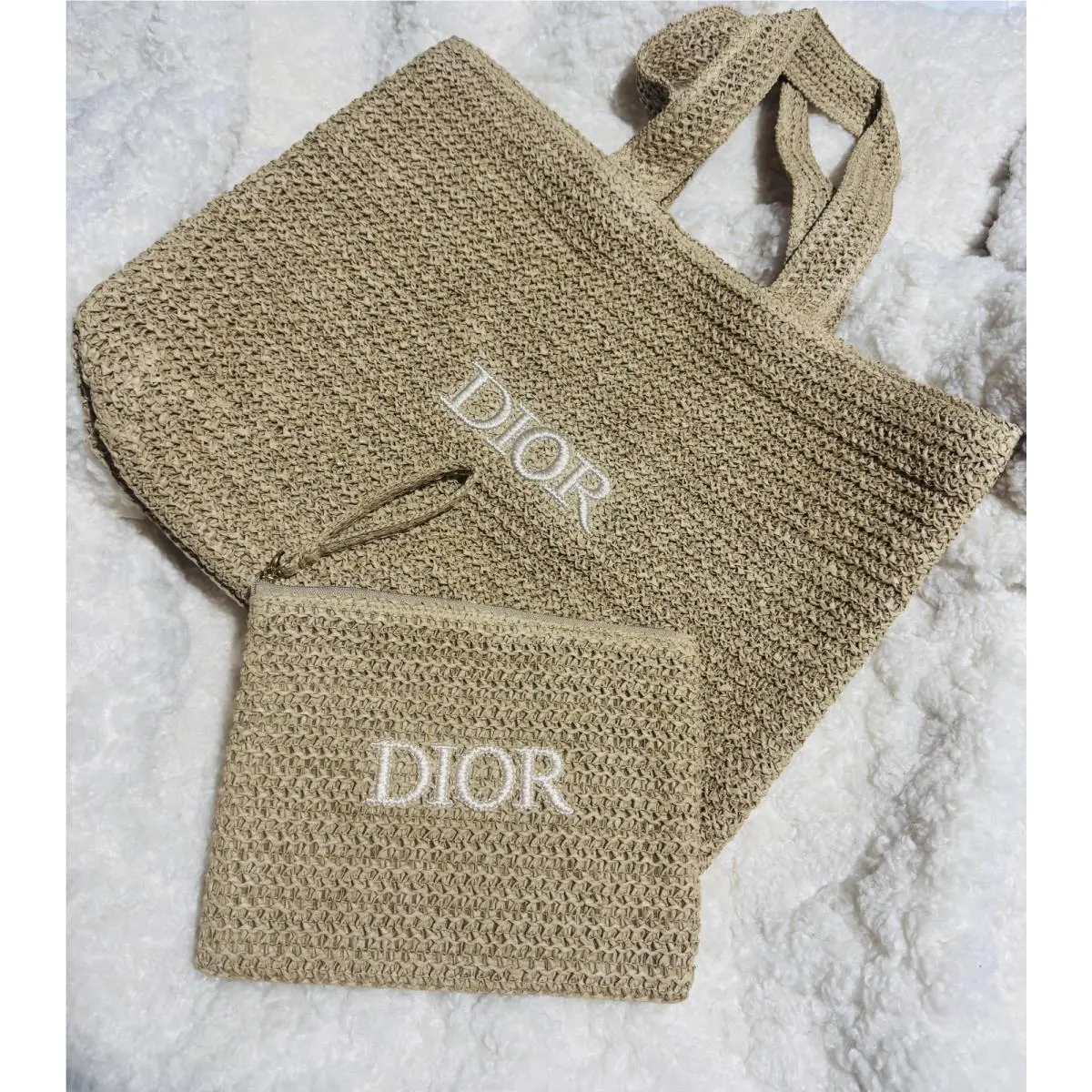 Dior Beauty Gwp Beige Straw Tote Bag and Zip Pouch in Packaging