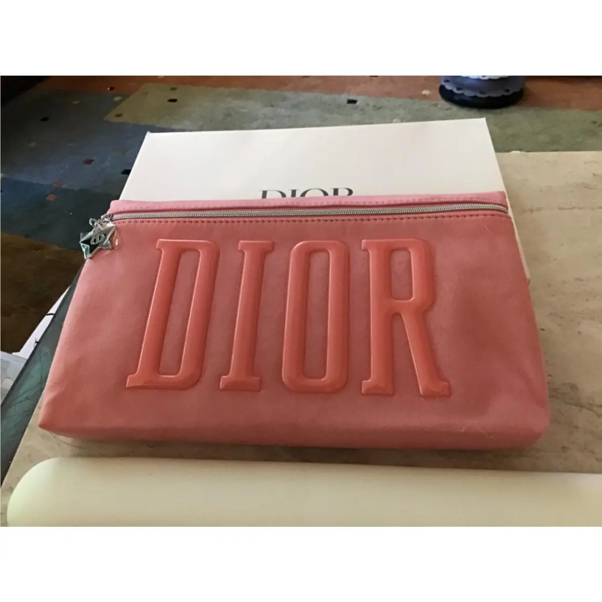Christian Dior Pink Zipper Makeup Bag Cosmetic Pouch with Raised Dior Logo