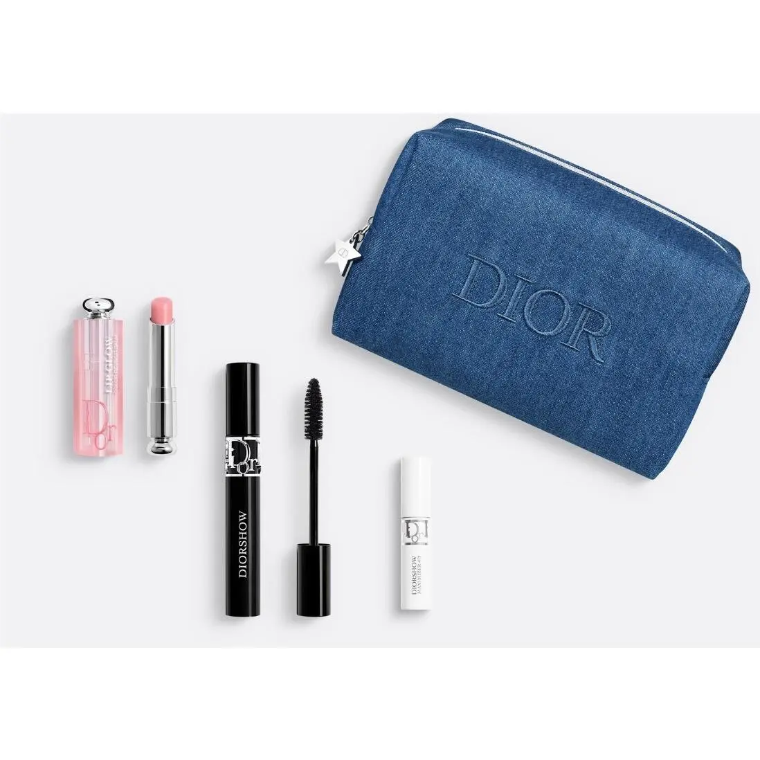 4pc Dior Natural Glow Fullsize Makeup Lips Mascara Primer Denim Cosmetic Bag
