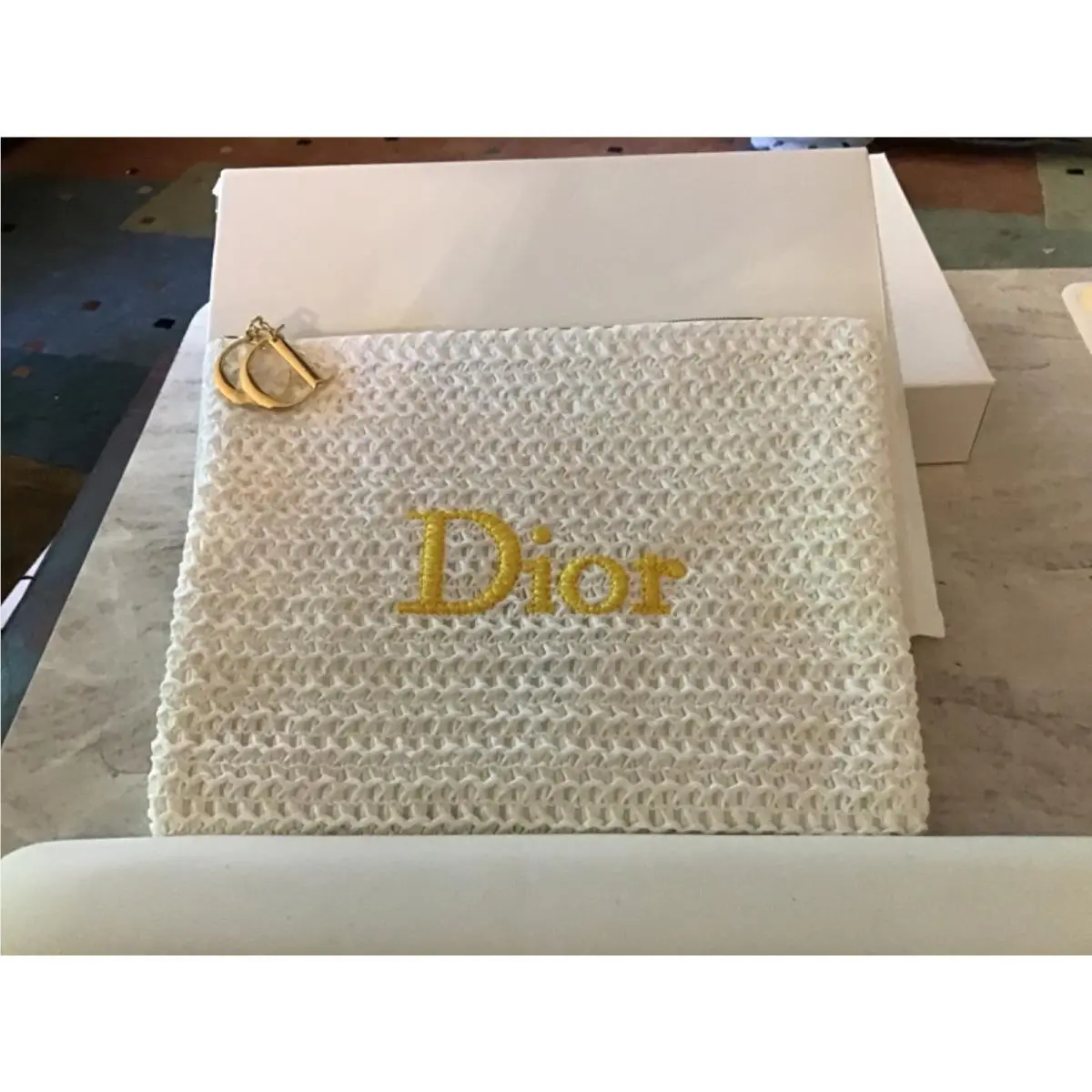 Dior White Textured Crochet Raffia Makeup Bag Pouch w/ Gold Logo Zipper Closure