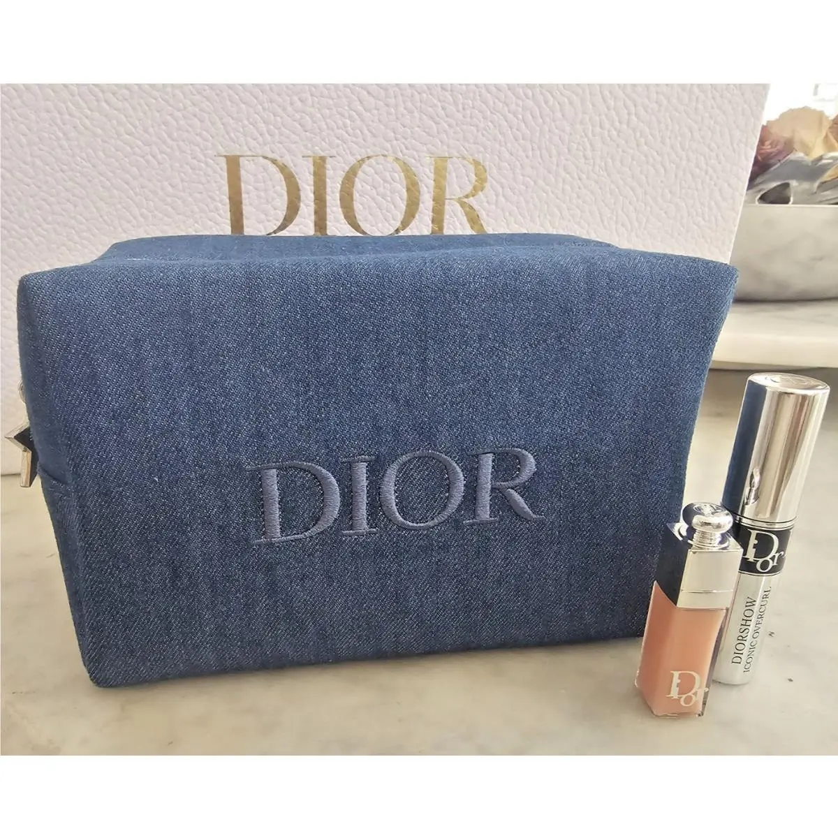 3pc Dior Denim Cosmetic Bag Overcurl Mascara Mini Addict Lip Maximizer Mini