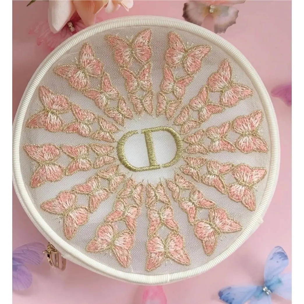 Christian Dior Parfums Butterfly Embroidered Round Mesh Pouch White Pink