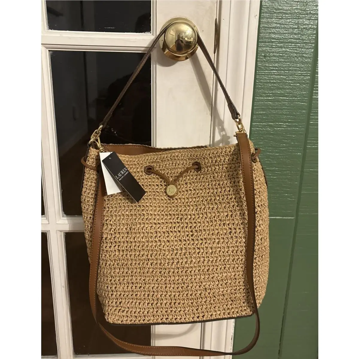 Debby Crocheted Straw Drawstring Handbag Natural by Ralph Lauren