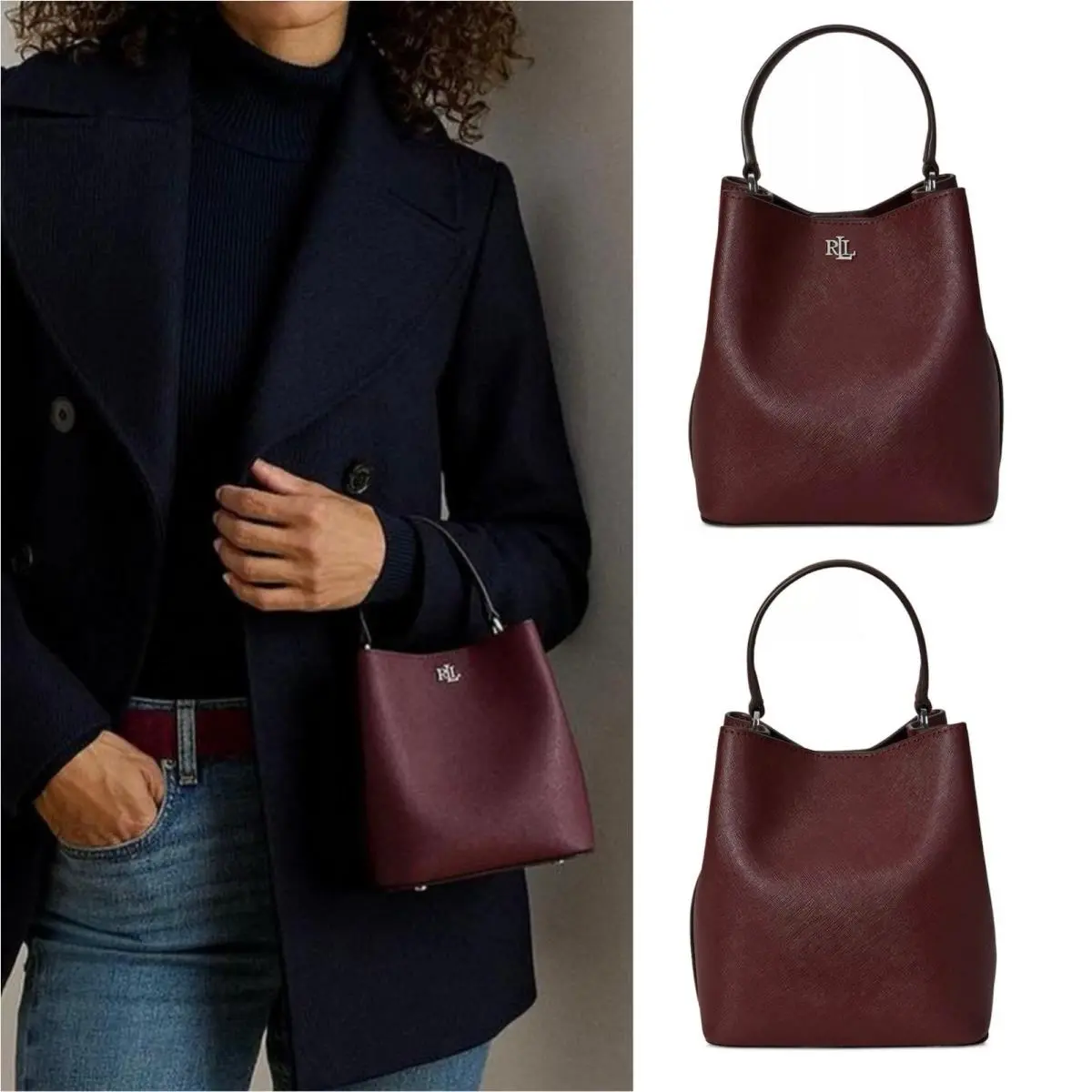 Lauren  Crosshatch Dark Garnet Small Reese Bucket Crossbody Bag by Ralph Lauren