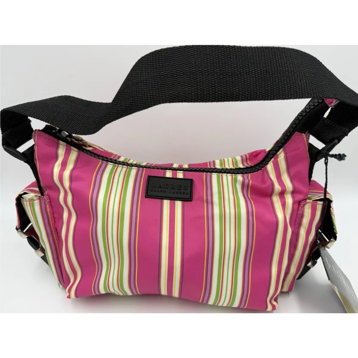 Vtg Y2K Ralph Lauren Pink Stripe Nylon Baguette Shoulder Bag