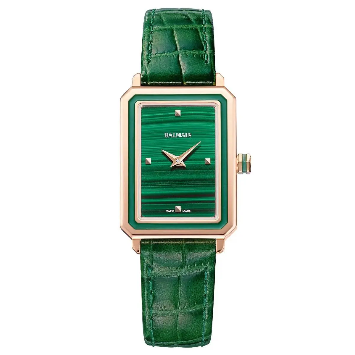 Balmain Eirini 25mm Rectangular Green Leather Strap Women`s Watch B43949276