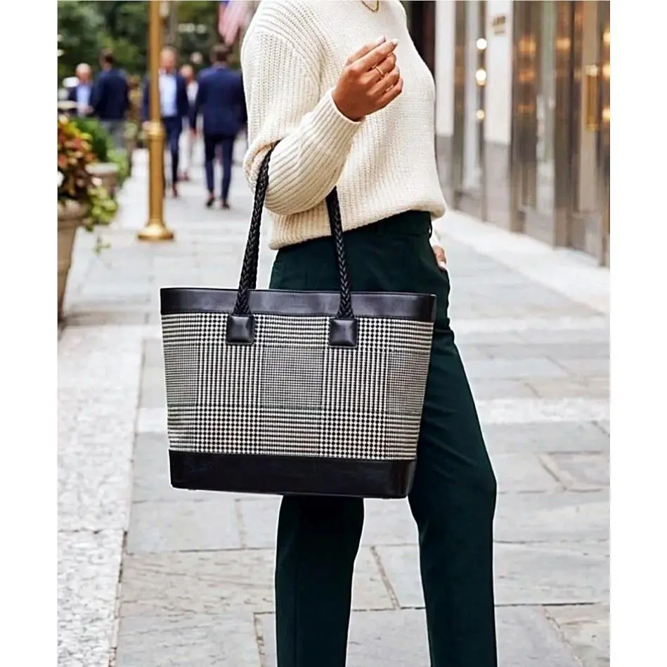 Vintage Lauren  Plaid Tote Bag Leather Trim Braided Handles Nwt’s by Ralph Lauren