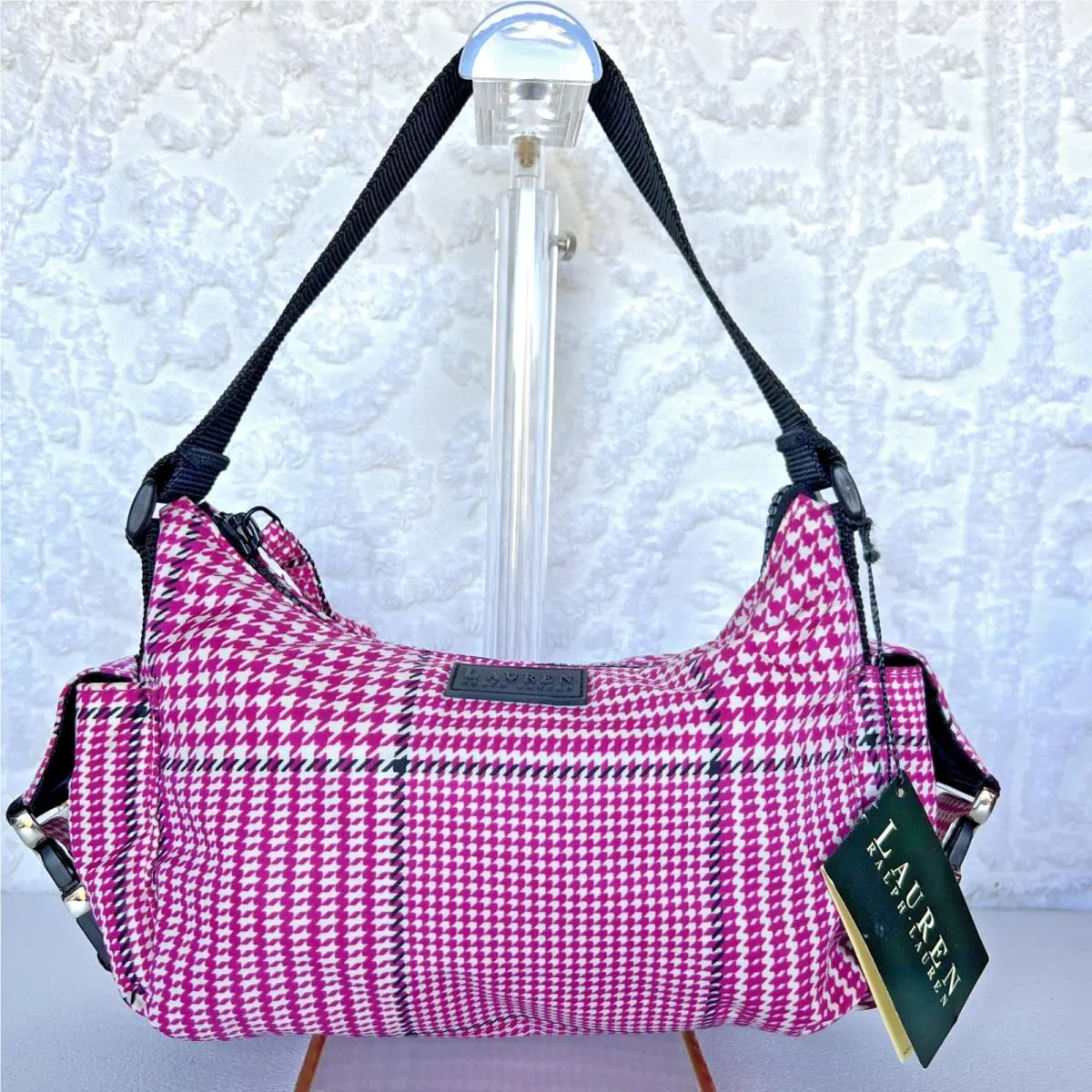 Vintage Lauren Ralph Pink Houndstooth Small Purse Shoulder Bag Pockets Y2K
