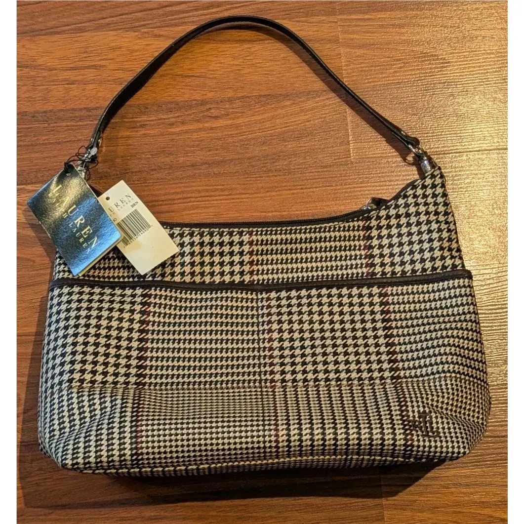 Vintage Lauren  Houndstooth Plaid Shoulder Bag Purse Brown by Ralph Lauren