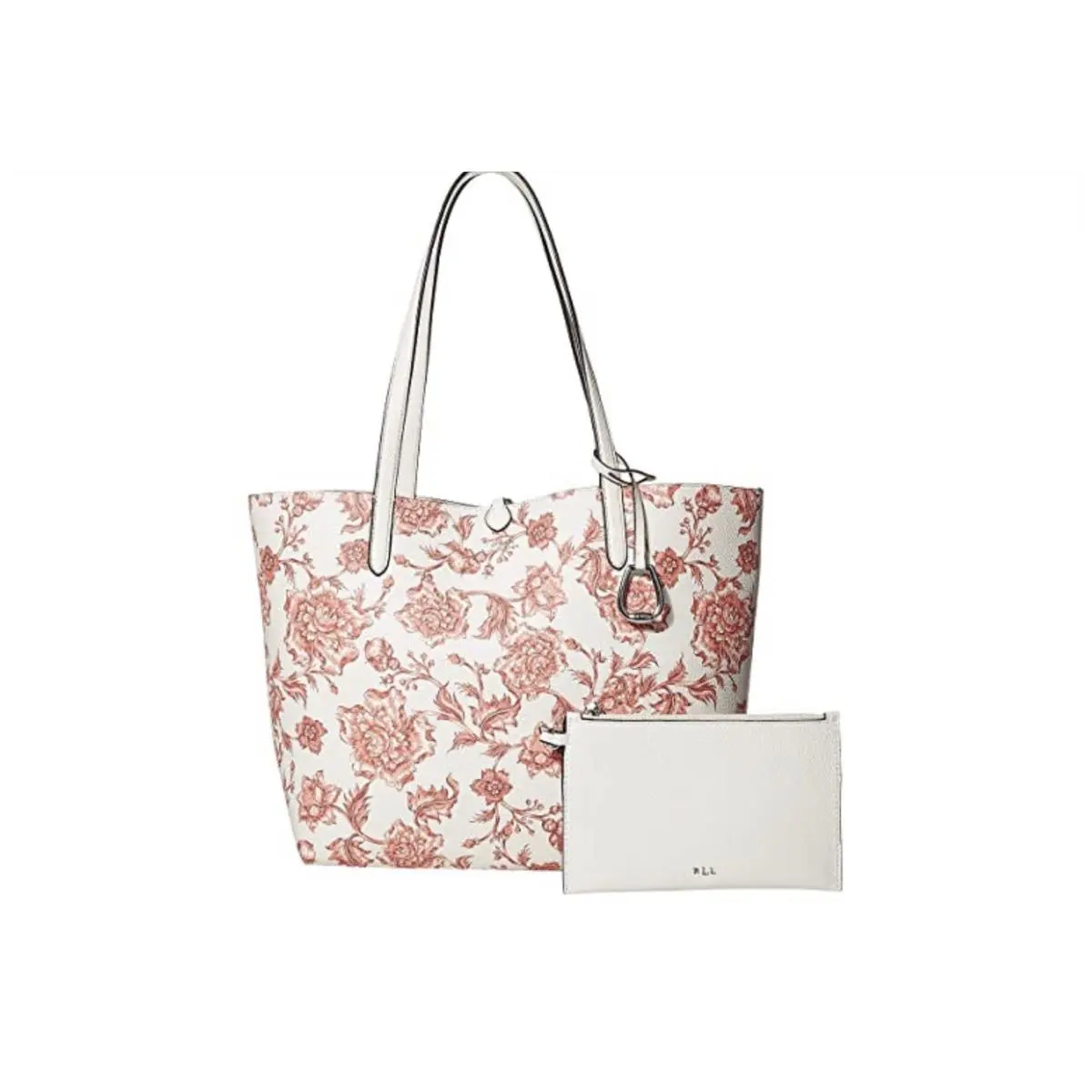 Ralph Lauren Pebble Grain Reversible Tote Medium White Pink Flowers Silver