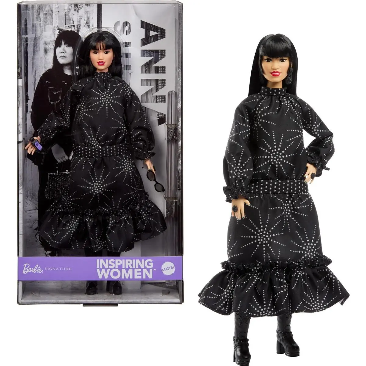 Barbie Inspiring Women Anna Sui Doll Collectible in Boho Chic Black Dress Outfit