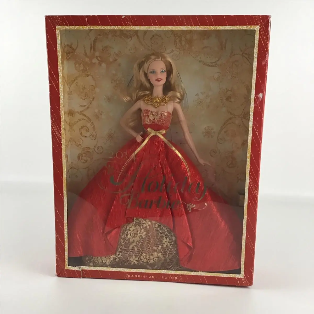 Barbie Collector 2014 Holiday Barbie Fashion Doll Red Gold Gown Stand Mattel