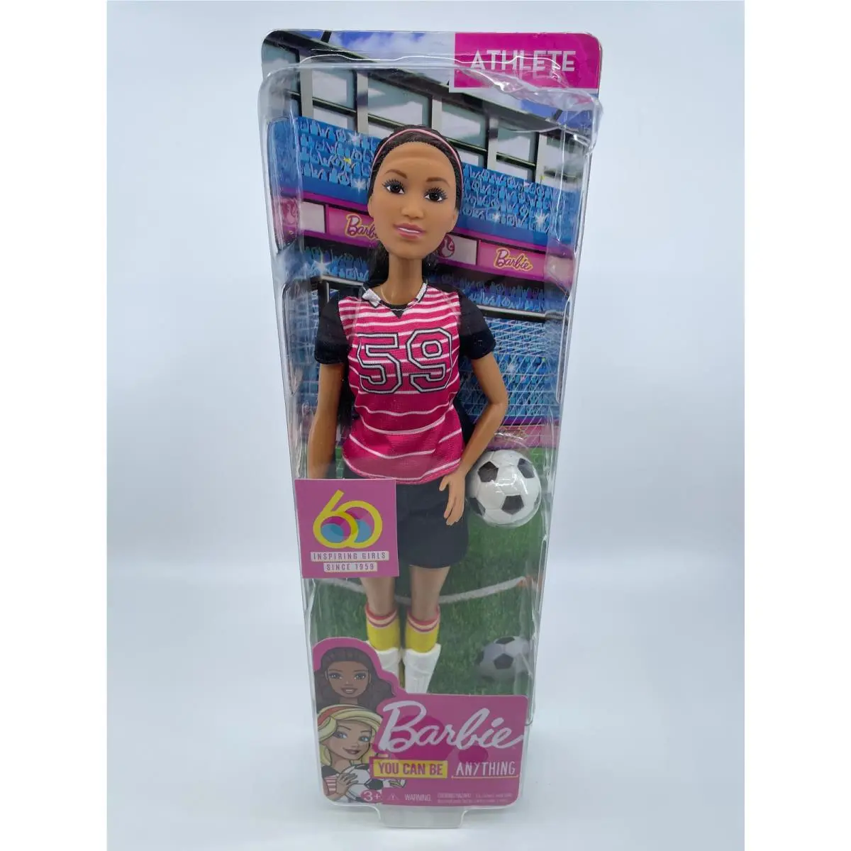 Barbie Athlete Doll Brunette Wearing Uniform and Socks with Soccer Ball