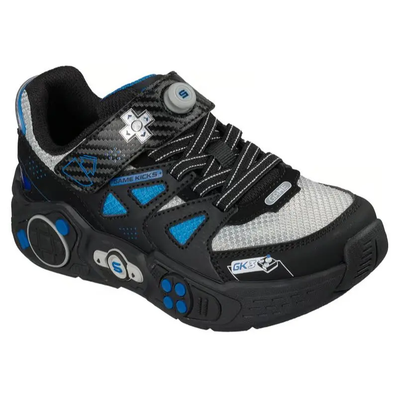Kids Skechers Game Kicks Gametronix 3.0 Black Blue Mesh Shoes