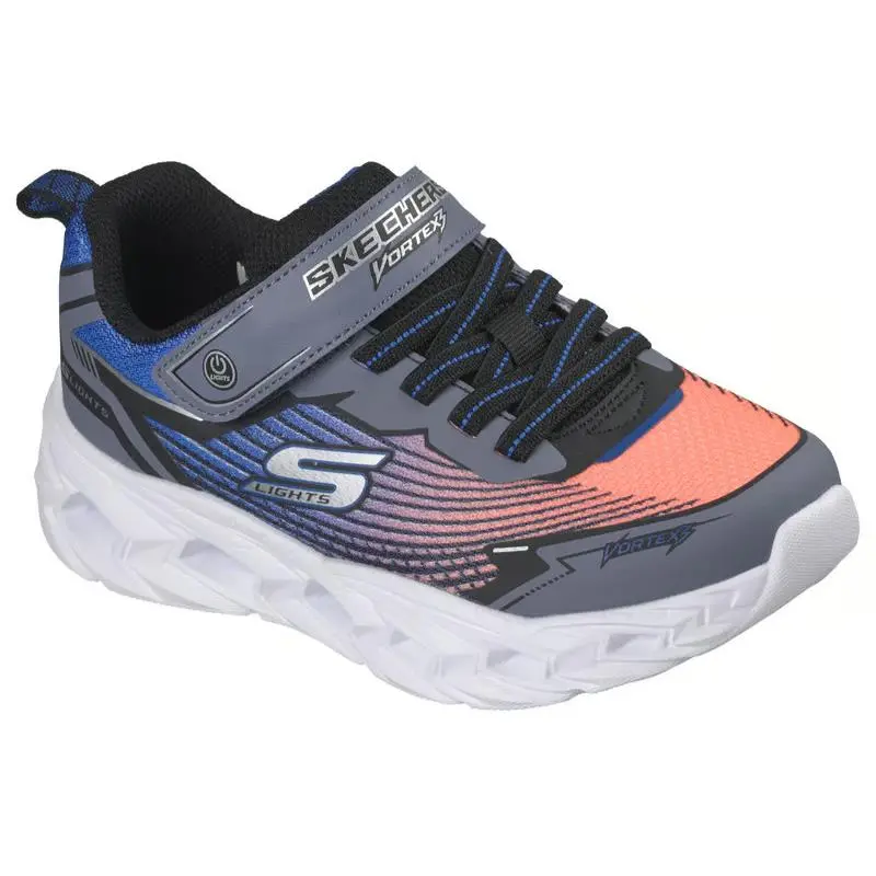 Kids Skechers S Lights Vortex 3.0 Black Blue Orange Mesh Shoes