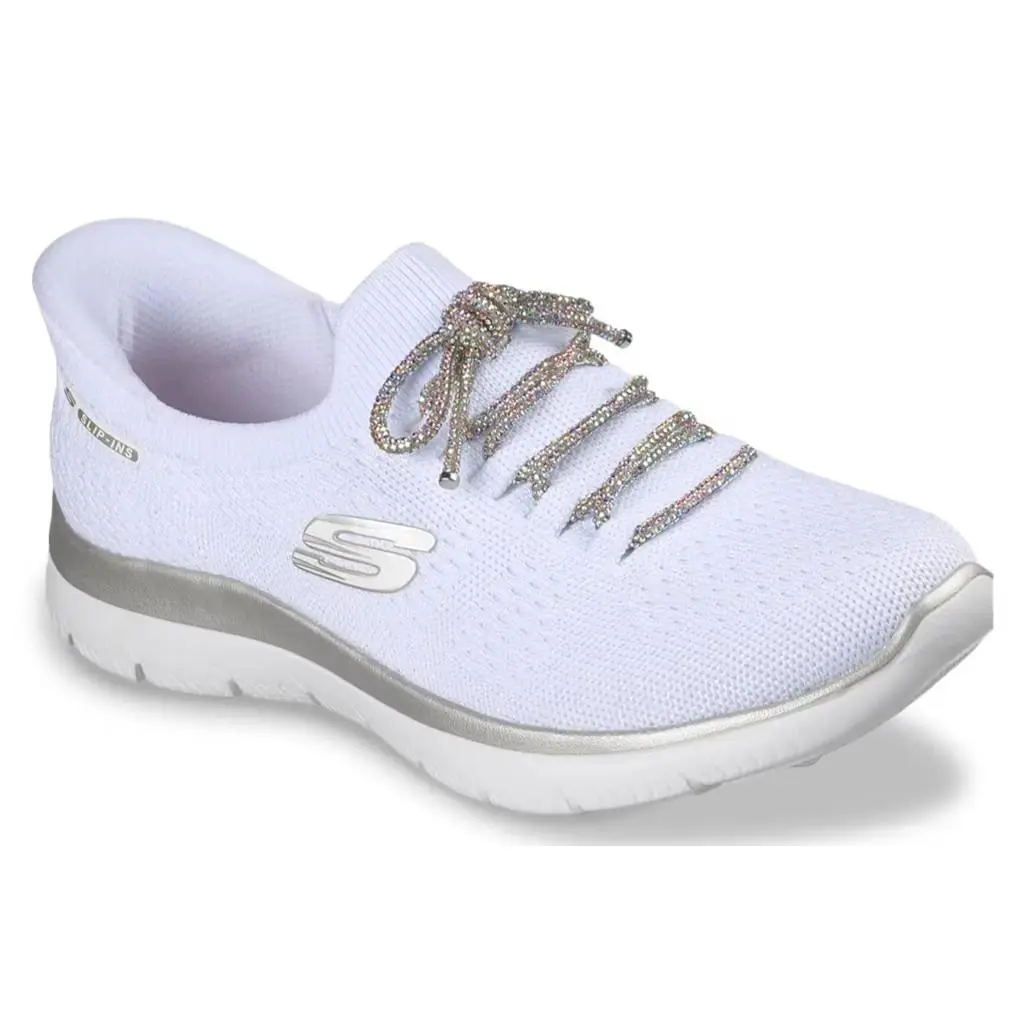 Womens Skechers Hands Free Slip Ins Summits Crystal Dream White Silver Knit