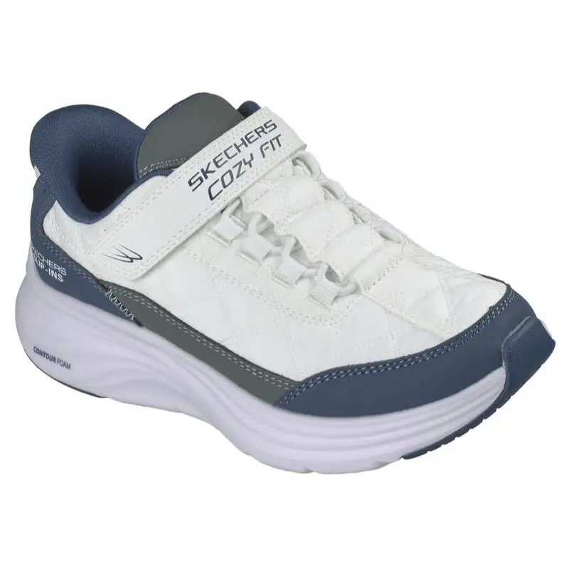 Kids Skechers Contour Foam Cozy Fit White Navy Fabric Shoes