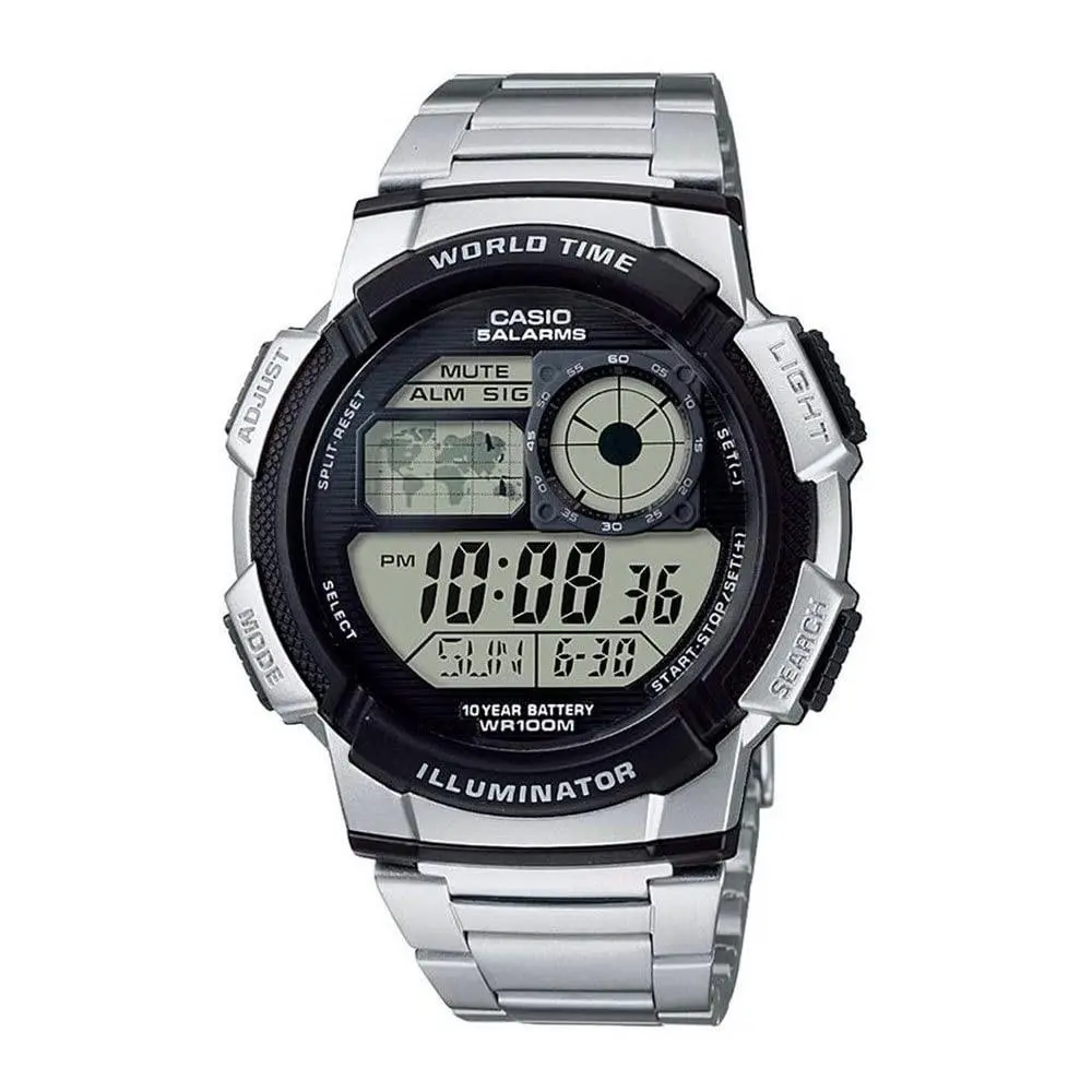 Casio AE1000WD Series Men’s Digital Watch Silver 100M WR Multi Alarms