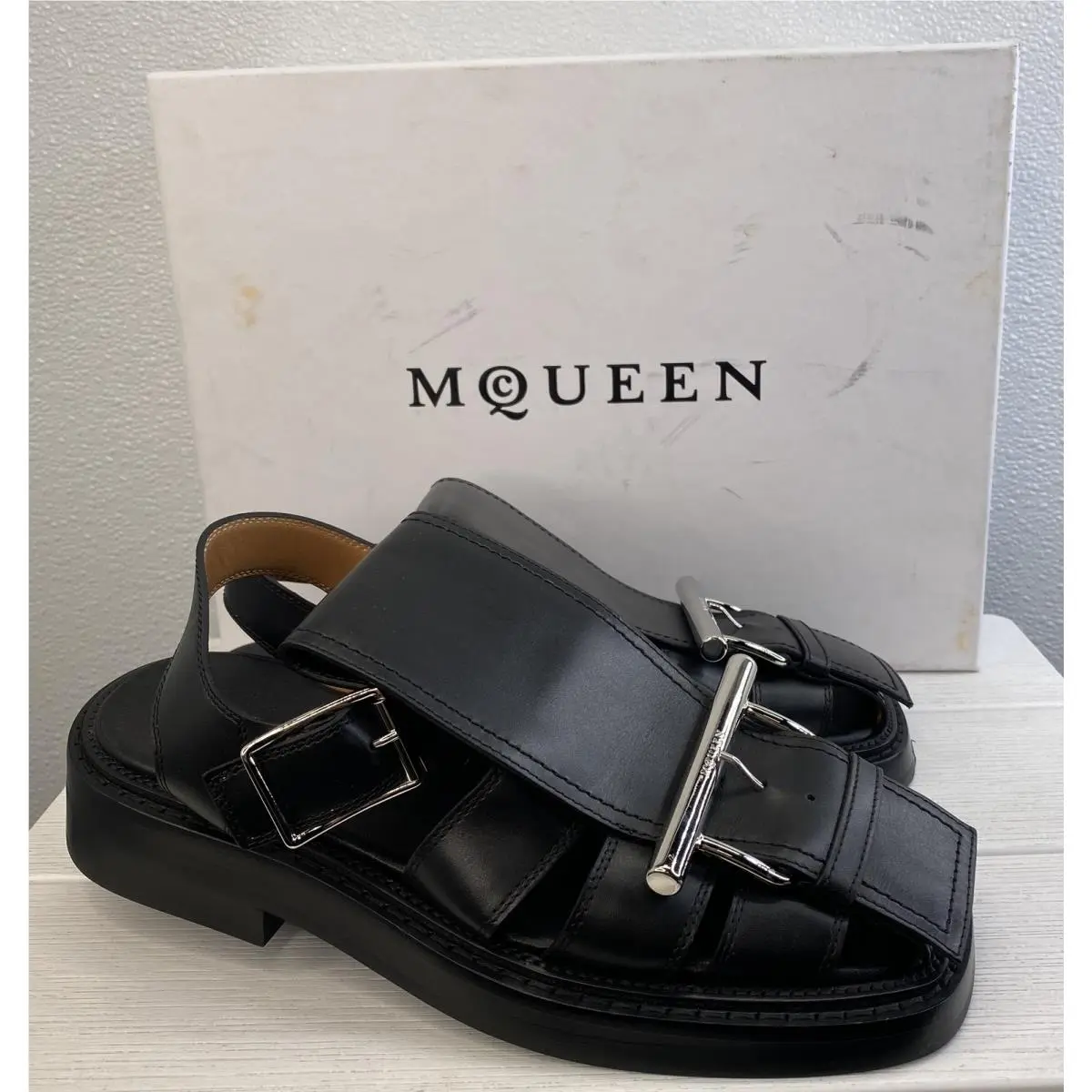 Alexander Mcqueen Sandals Women`s Size US8 EU38 Black Leather Buckle Closure