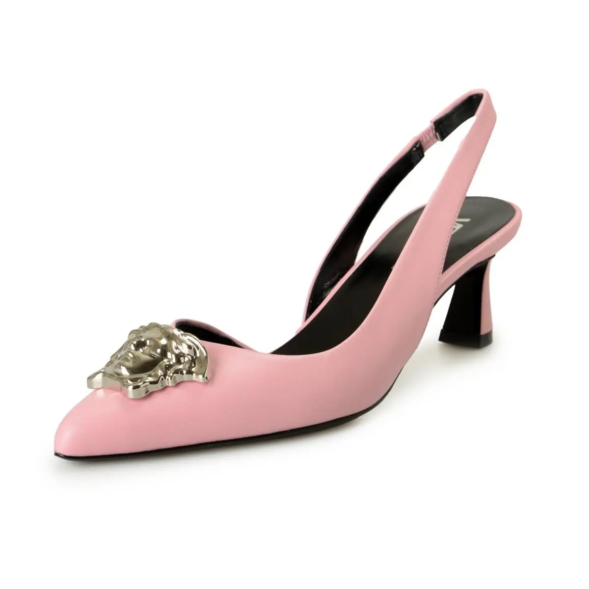 Versace Women`s Pink Silver Medusa Leather Heeled Pumps Shoes US 6 IT 36