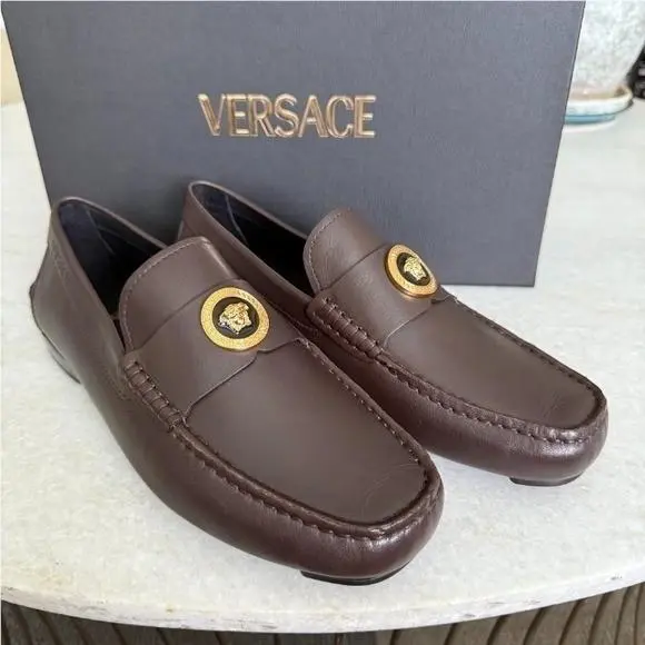 Versace 1015591 Dark Brown Leather Driver Shoes with Medusa Plaque sz 41