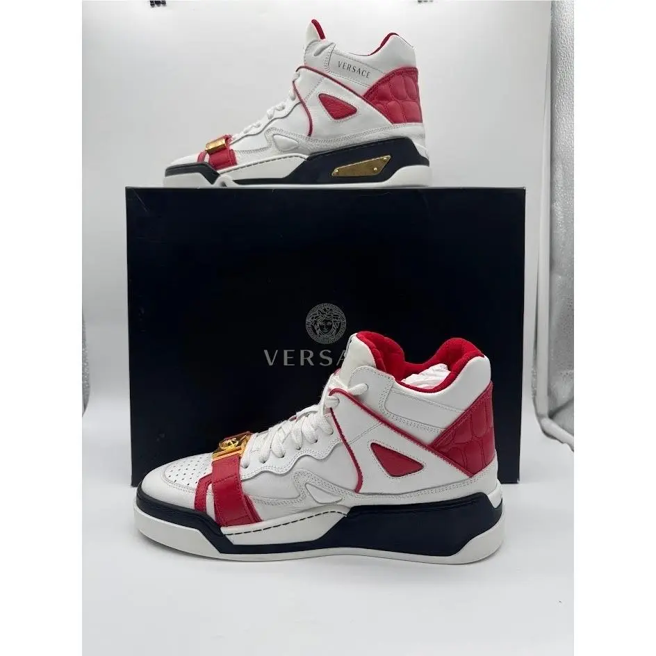 Versace Odissea High Top Sneakers White Red Black Medusa Buckle Mens Leather