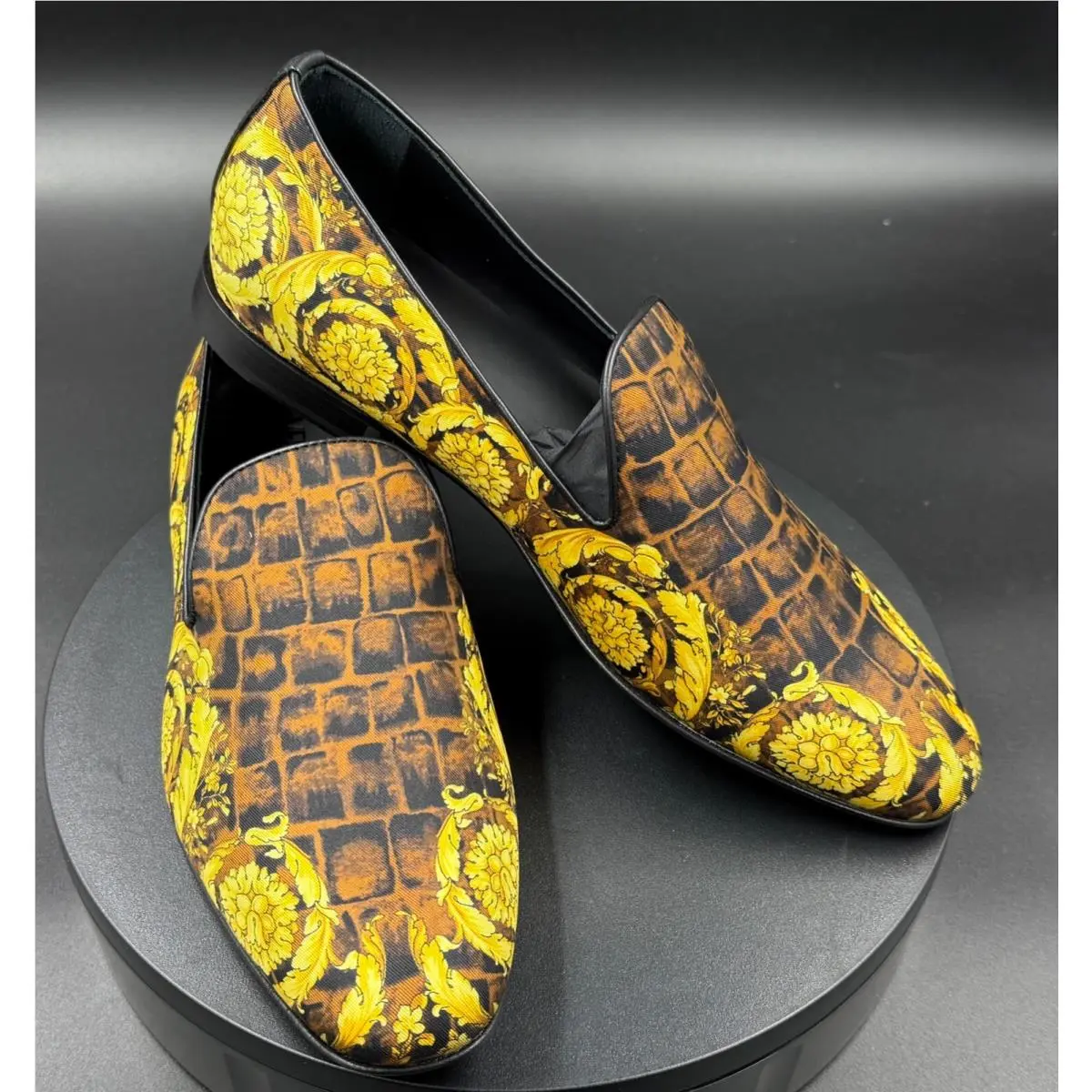 Versace Barocco Print Men`s Slippers Caramel Black Gold Round Toe sz 42