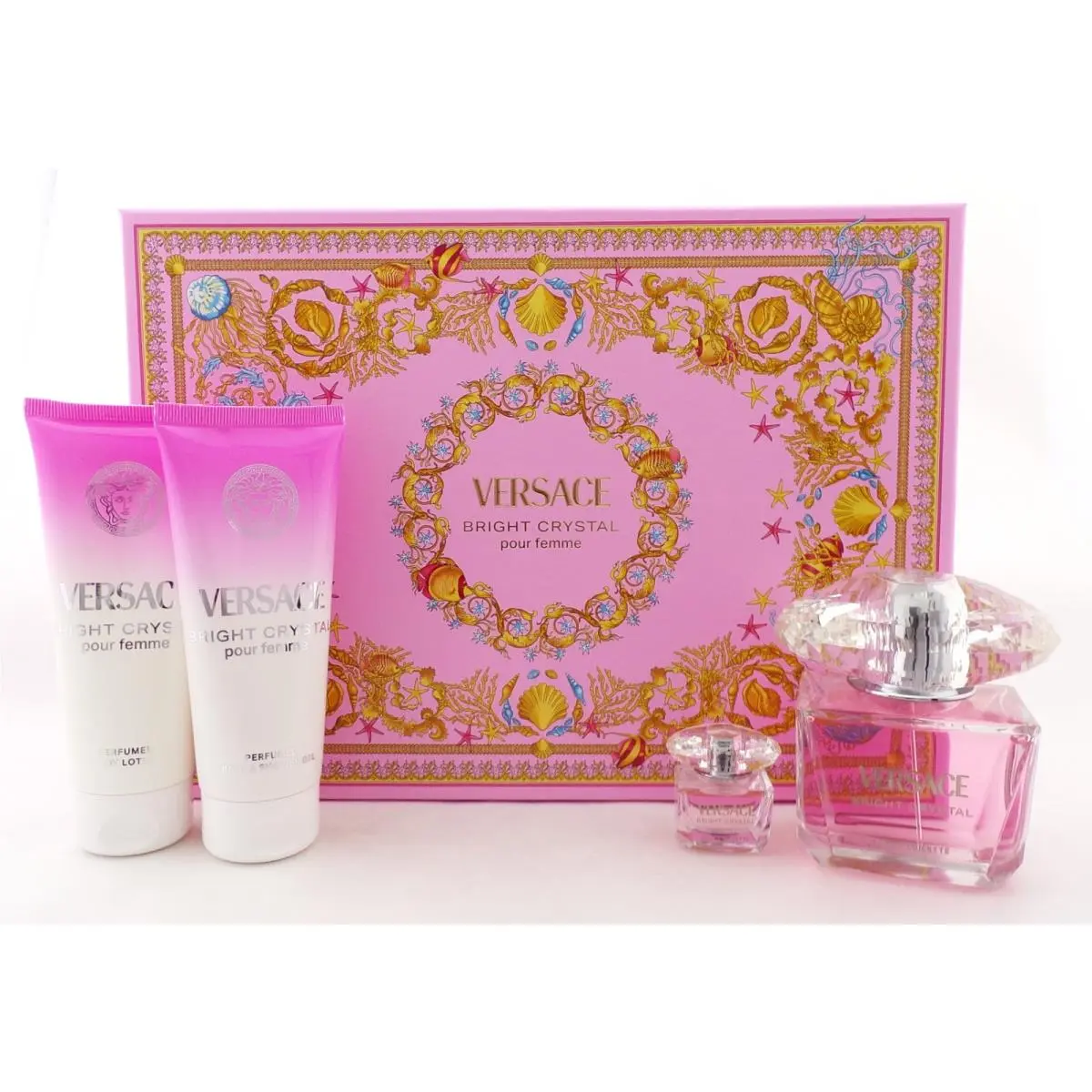 Versace Bright Crystal 4 Pcs Set: 3.0oz Edt Spray 5ml Edt + 3.4oz B/lot Sh/g