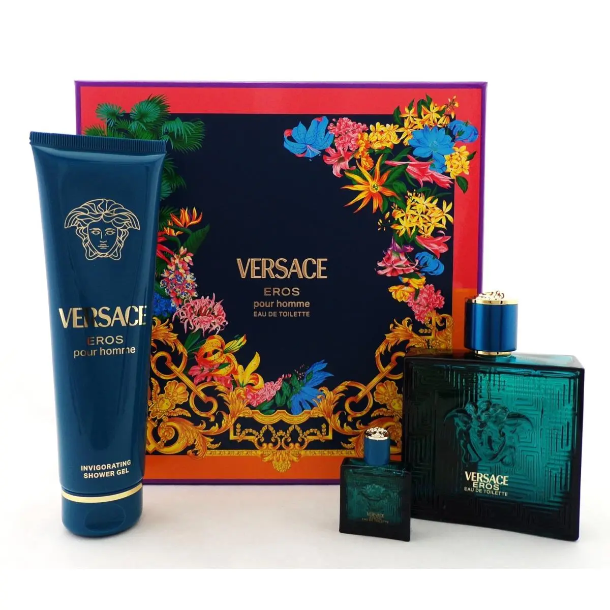 Versace Eros Pour Homme 3 Pcs Set 3.4 oz Edt Spray + 0.17 oz Edt Mini + 5.0 S/g