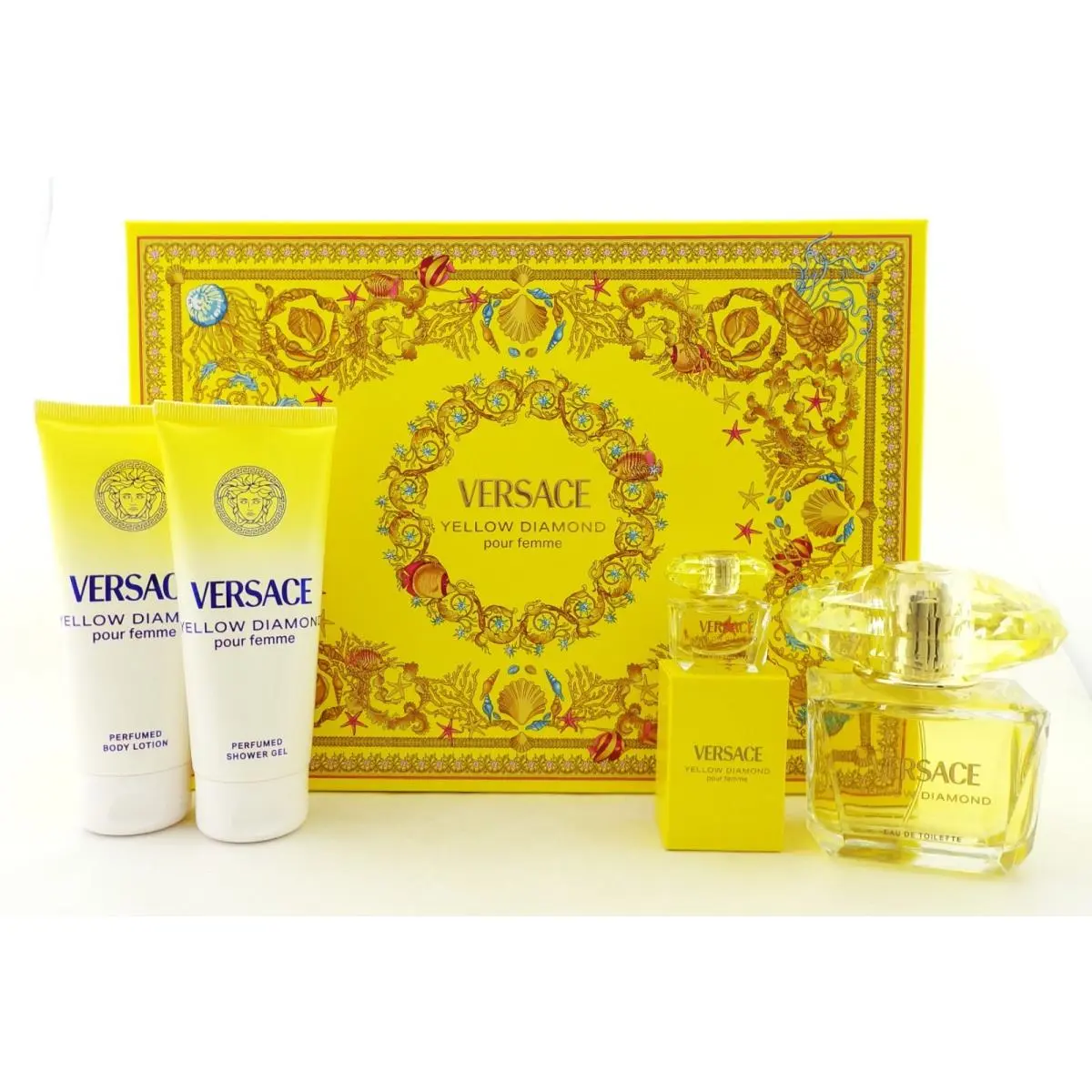 Versace Yellow Diamond 4 Pcs Set: 3.0 Edt Spray 5 ml Mini + 3.4 S/g + 3.4 B/l