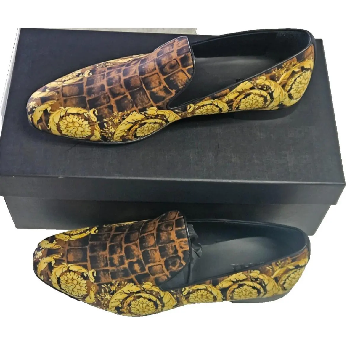 Versace Barocco Print Men`s Slippers Caramel Black Gold Round Toe sz 42