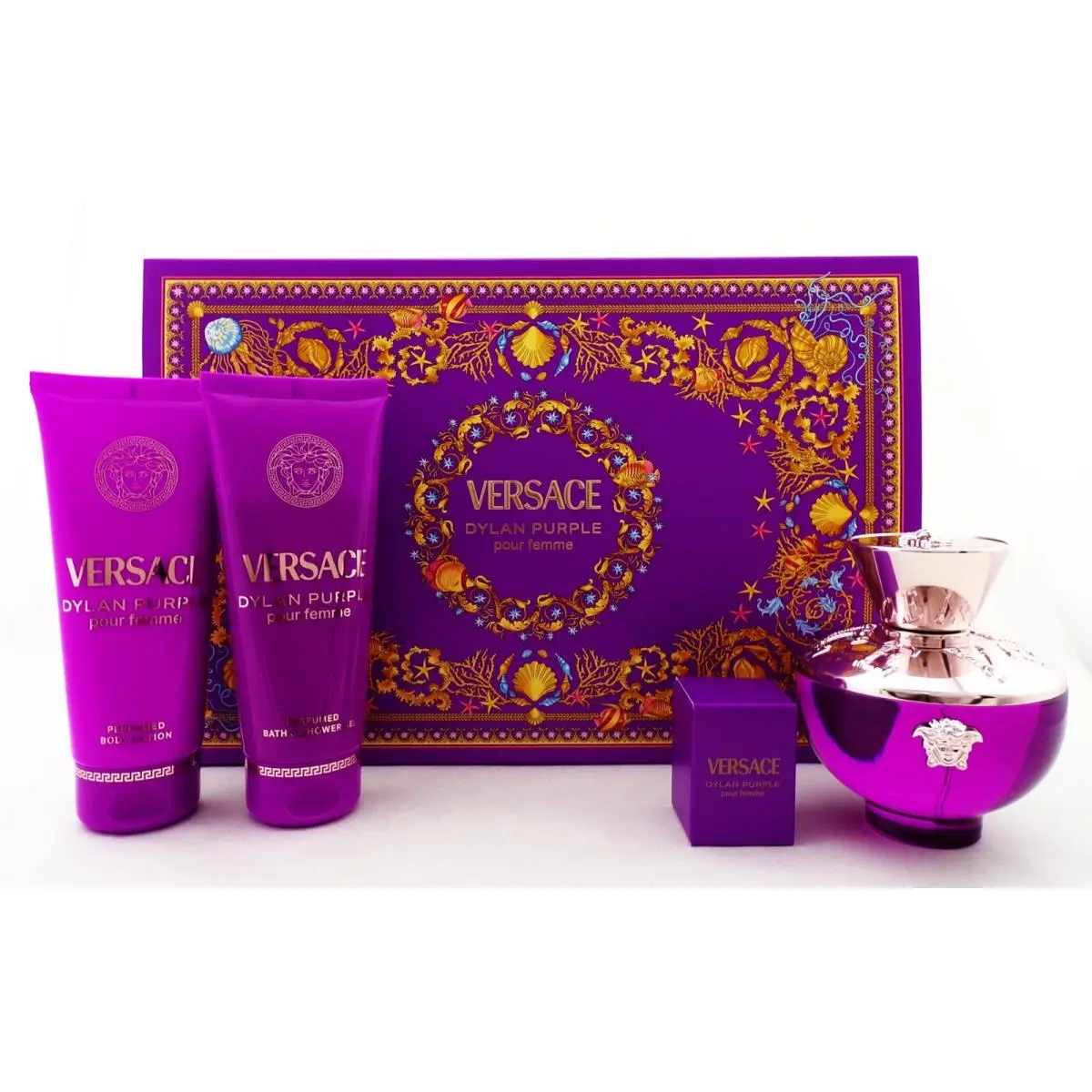 Versace Dylan Purple 4 Pcs Set: 3.4 oz + 5ml Edp +3.4 oz Sh/gel +3.4oz B/lot