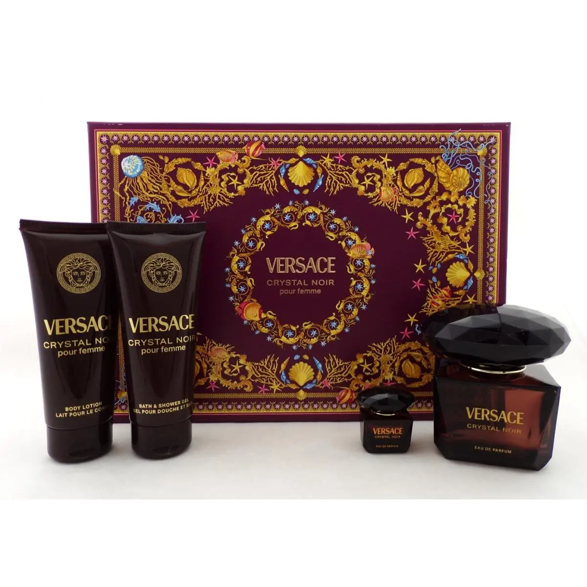 Versace Crystal Noir 4 Pcs Set: 3.0oz Edp Spray 5ml Edp + 3.4oz B/lot Sh/g