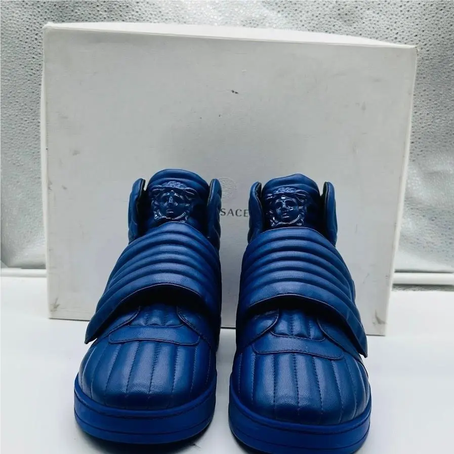 Versace Medusa Head Quilted Leather High Top Sneakers Blue Mens Luxury Shoes