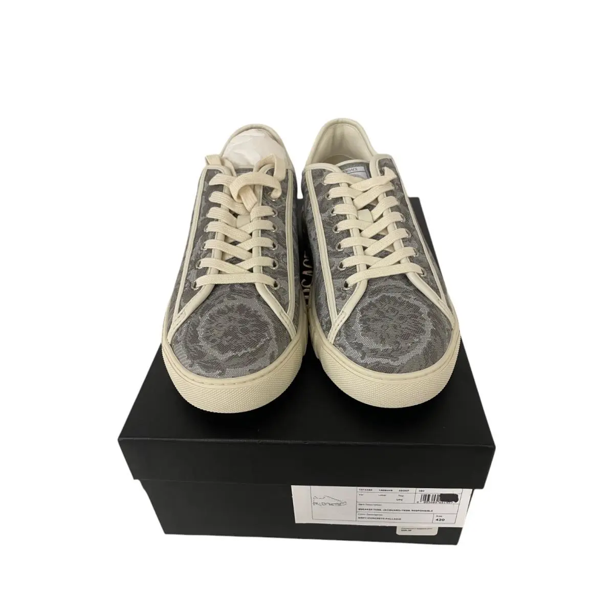 Versace Greca Shoe Mens 9 EU 42 Gray Jacquard Lace Up Canvas Sneakers Italy