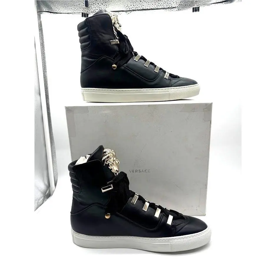 Versace Medusa Head High Top Sneakers Black Leather Gold Hardware Unisex IT 40
