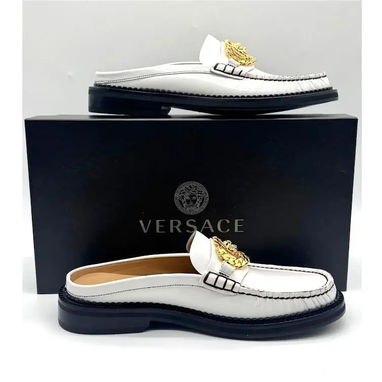 Versace Medusa Biggie White Leather Mule Loafers Gold Hardware IT 39 US 9
