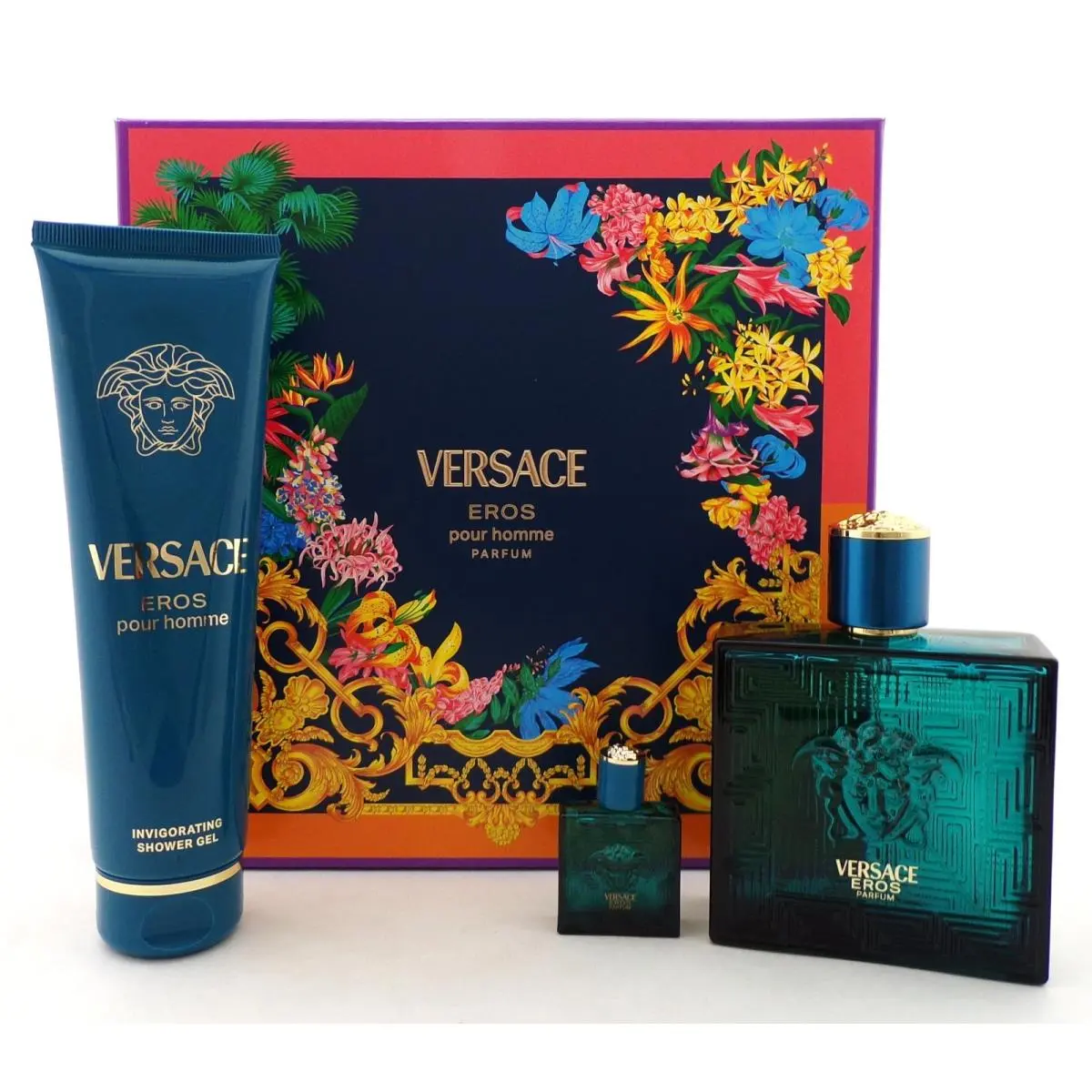 Versace Eros Pour Homme 3 Pcs Set 3.4 Parfum Spray + 0.17 Parfum Mini + 5.0 S/g