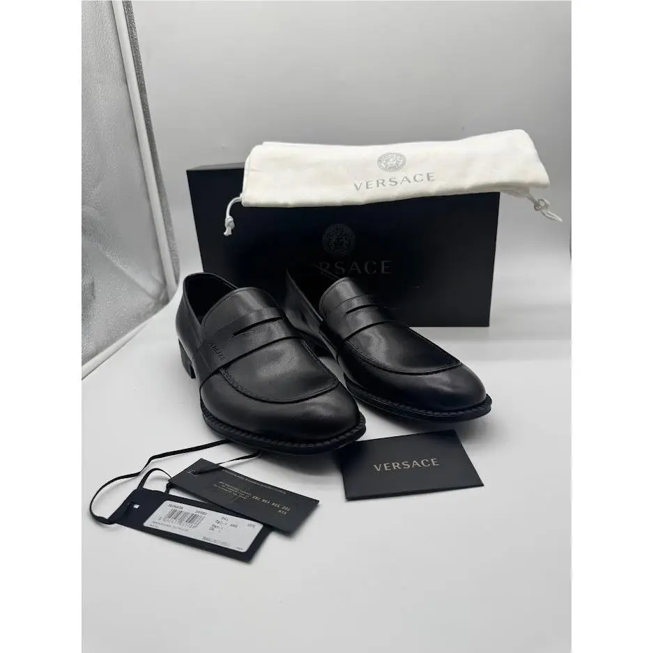 Versace DSU6638 Mens Black Leather Penny Loafers Made in Italy Size 39